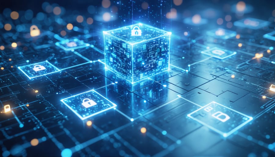 Conceptual illustration of blockchain grid overlaying a digital ad ecosystem, symbolizing enhanced transparency and security in advertising transactions.