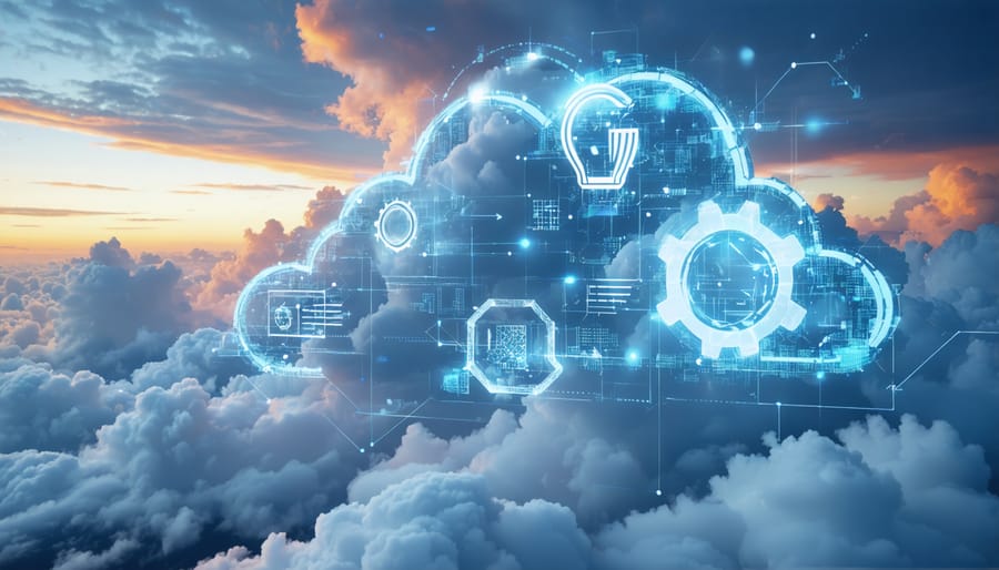 Conceptual illustration of digital clouds interconnected by arrows, gears, and binary code, representing scalability and innovation in cloud computing for business growth.