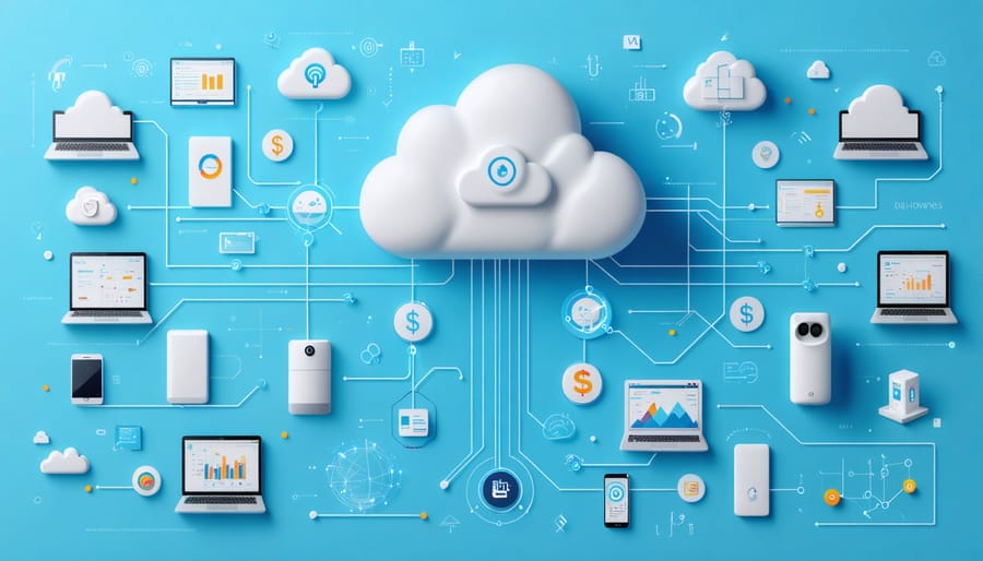 Conceptual illustration of IoT smart products interconnected with a cloud system, showcasing the flow of data and revenue streams for businesses.