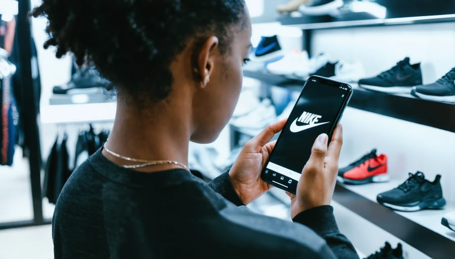 Customer using Nike app to scan sneakers while shopping in store