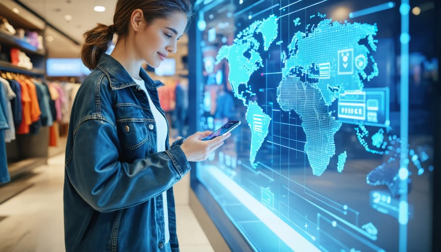 A customer using a mobile app to scan a product in a modern retail store, with digital displays showing personalized offers, highlighting the integration of online and in-store shopping experiences.
