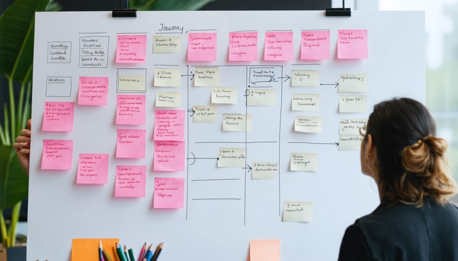 Web design team discussing project requirements and user flows using a whiteboard