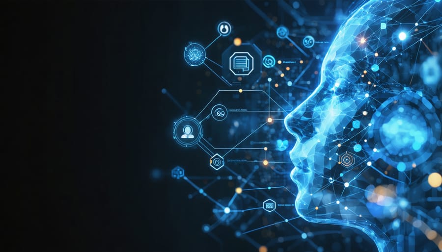 Abstract visualization of AI-powered predictive analytics processing customer data in real-time