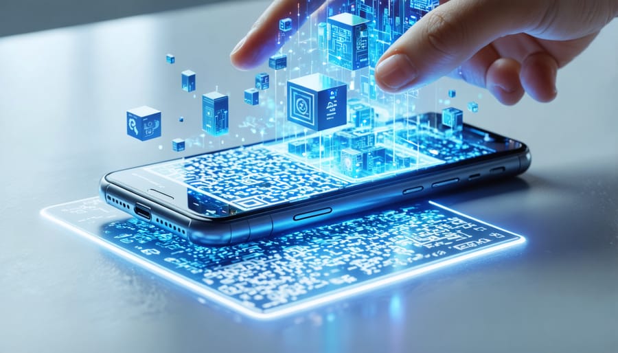 Futuristic smartphone scanning a QR code with dynamic augmented reality elements including 3D models and digital information emerging, illustrating the integration of AR and physical products in customer experience.