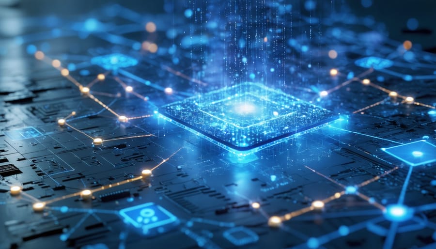 Illustration showing the shift from binary data analysis to quantum computing, with qubits and interconnected nodes symbolizing enhanced B2B interactions in financial and supply chain networks.