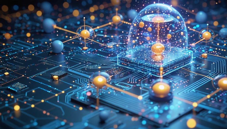 Abstract visualization of quantum computing processing marketing data through quantum circuits