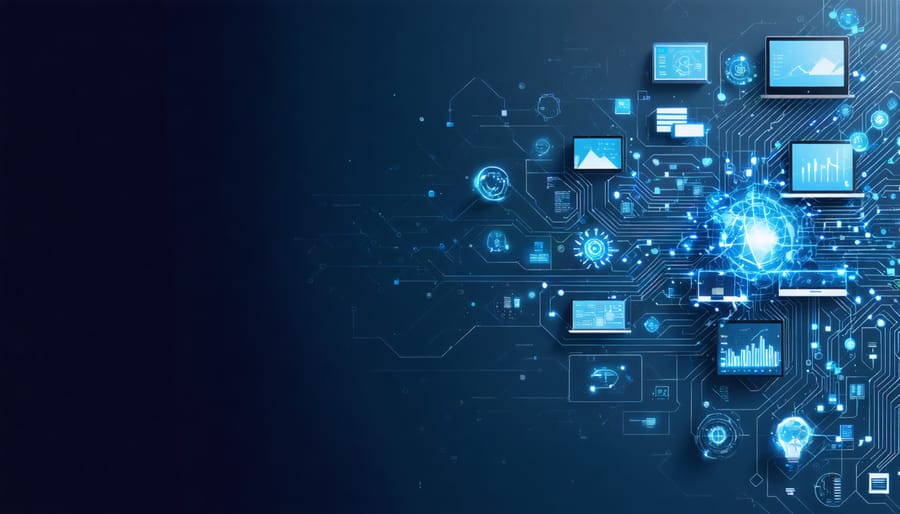 Conceptual image depicting the integration of quantum computing circuits with marketing analytics, featuring digital data streams and marketing-related icons illustrating advanced technology's impact on predictive marketing strategies.