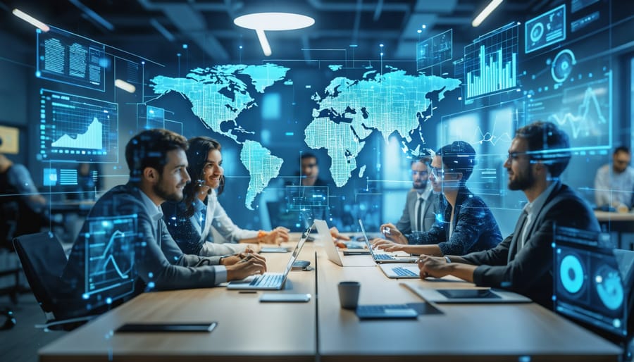 A conceptual illustration of a marketing team utilizing real-time data analytics with digital charts and graphs, showing live updates and insights for decision-making.