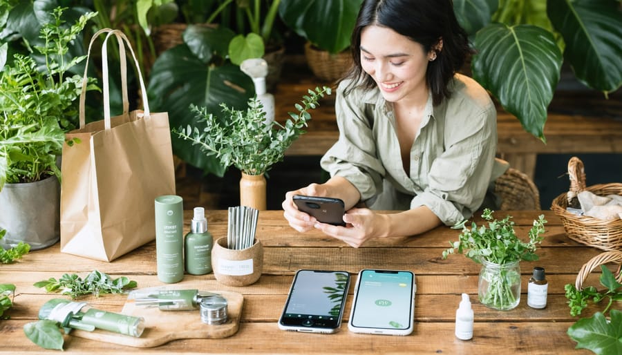 A sustainability influencer organizes zero-waste products for an engaging Instagram session, highlighting eco-friendly living practices.