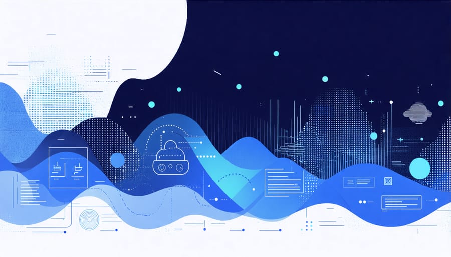 Abstract visualization of voice waves interacting with e-commerce icons