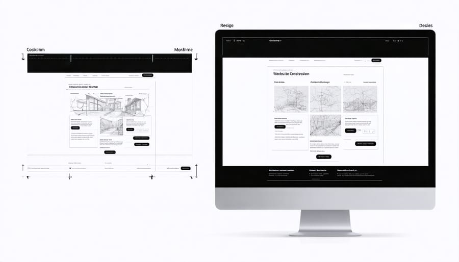 Side-by-side comparison of website wireframe and completed visual design