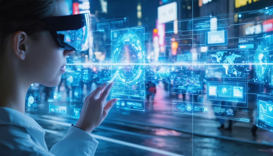 A futuristic urban scene showcasing 5G technology with consumers using augmented reality glasses to access real-time marketing content, set against a backdrop of colorful holographic advertisements and digital billboards.