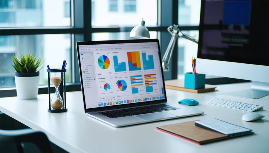 Marketing professional at a modern desk using a laptop with colorful, text-free ad layouts on screen, hourglass beside the keyboard, open-plan office softly blurred in the background