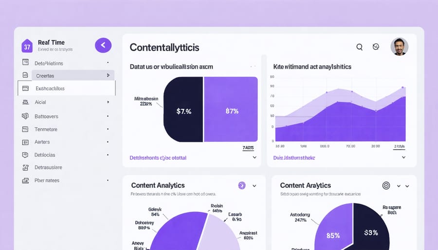 AI-powered content analytics dashboard displaying real-time performance metrics and trends