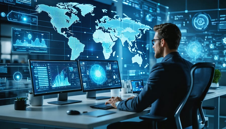 "Person in modern office setting working with floating digital displays showcasing AI content management systems."