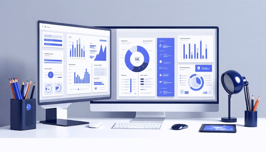 Person working with floating digital displays in modern office setting