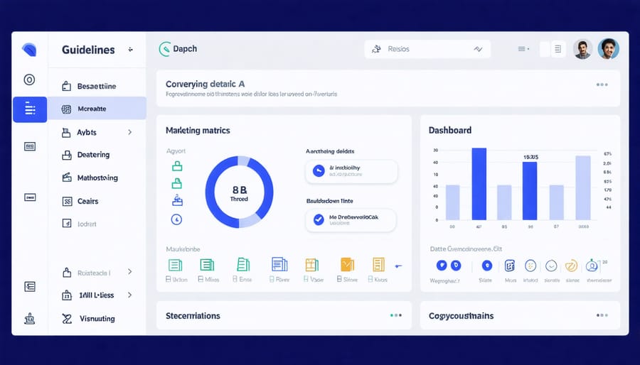 Interactive marketing analytics dashboard with AI-driven KPI metrics and colorful graphs