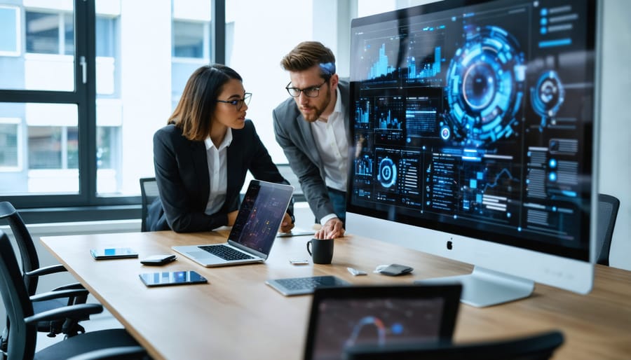 "Business team collaborating around a high-tech touchscreen display in a modern office."