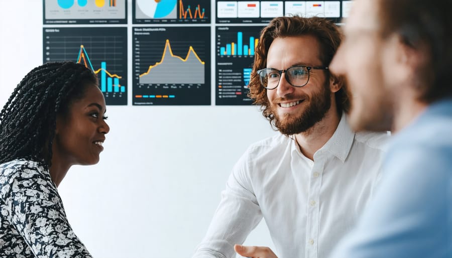 Business team collaborating around advanced technology display in modern office