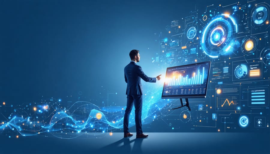 Illustration of a digital marketing professional interacting with AI-powered data streams and customer insights, symbolizing the blend of human creativity and AI technology in modern marketing strategies.