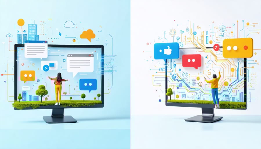 A split-screen image showing the contrast between traditional static ad extensions with rigid forms and AI-powered conversational ad extensions with dynamic, engaging dialogue.
