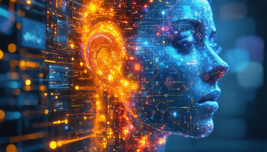 3D illustration showing AI system scanning data flows and identifying potential privacy vulnerabilities