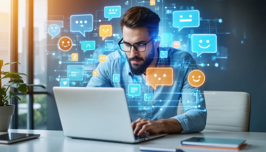Marketing analyst at a laptop with colorful translucent speech bubbles and happy/neutral/sad icons streaming toward the device in a modern office, with blurred glass walls and a city skyline behind.
