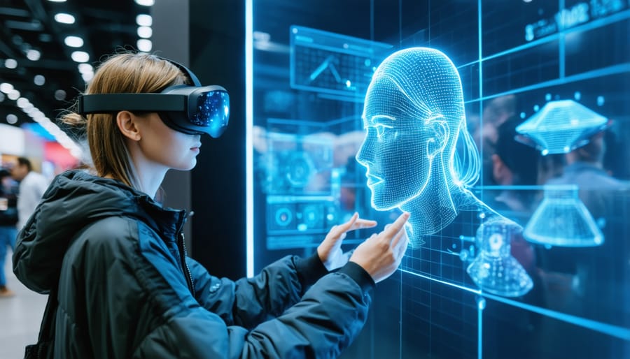 Trade show attendee experiencing an augmented reality product demonstration