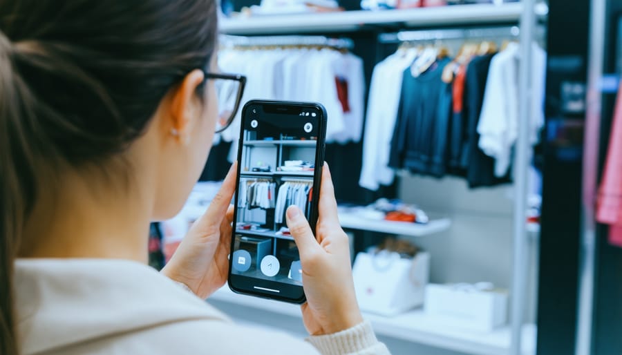 Customer experiencing AR-powered shopping with virtual product information overlays