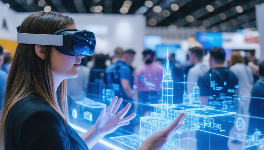 Trade show attendees wearing augmented reality glasses engaging with holographic product displays, illustrating the power of AR in creating interactive experiences.