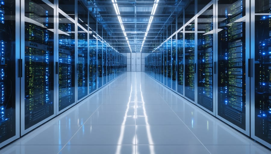 Low-angle view of modern server room with blue LED lighting