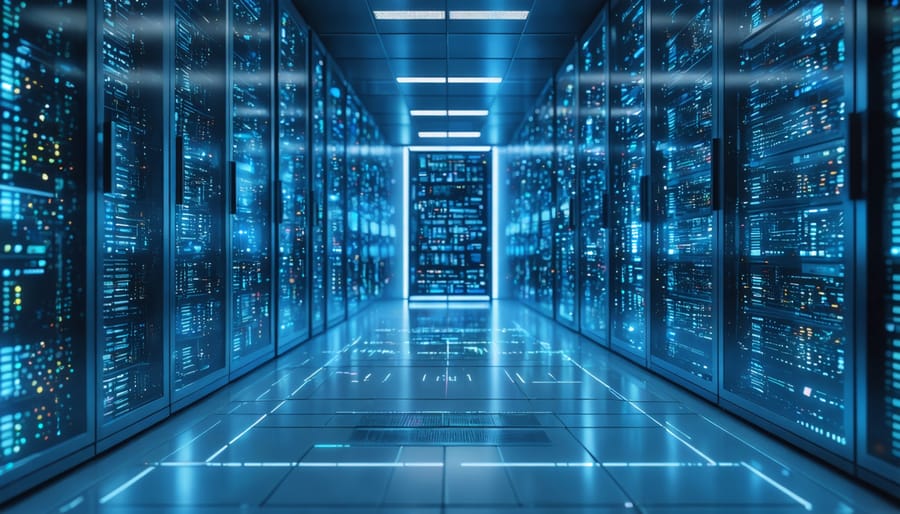 "Futuristic business office scene with servers and digital screens, illustrating binary neural network integration."