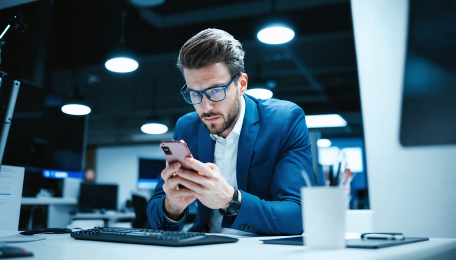 "Business professional watching video on a smartphone at a desk in a modern office setting"