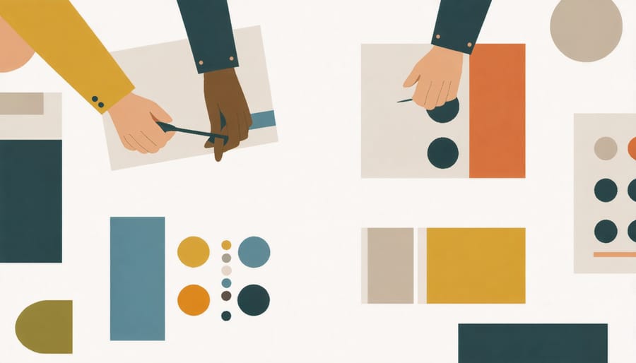 Hands arranging colorful design swatches and material samples