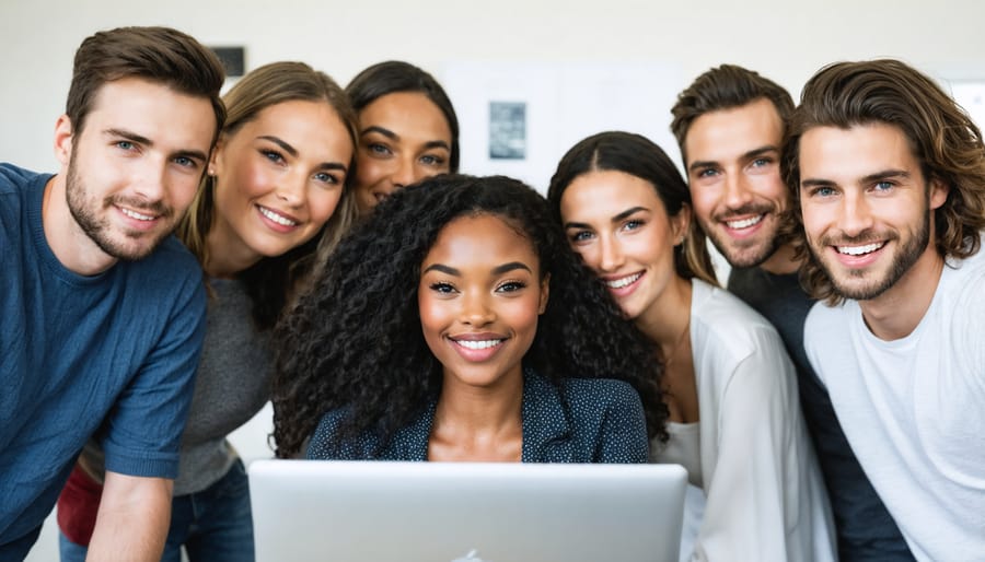 Diverse team collaborating at modern smart desk in corporate setting