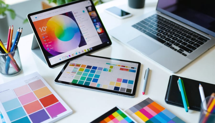 "Modern design tools including a digital tablet, stylus, and laptop in a sunlit creative workspace."