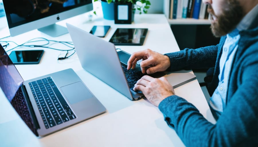"Person seated at a modern desk managing a laptop, smartphone, and tablet, emphasizing cross-platform social media strategies."