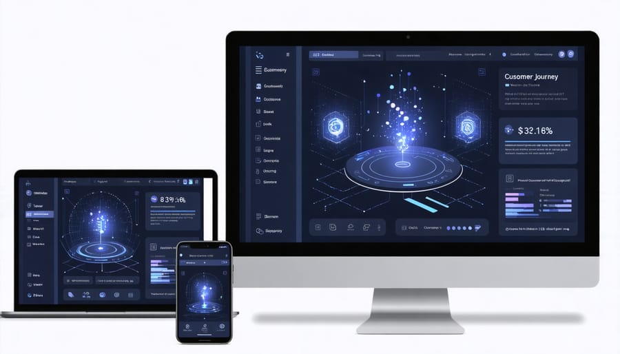 Customer engagement metrics displayed across multiple devices with AI analysis visualization