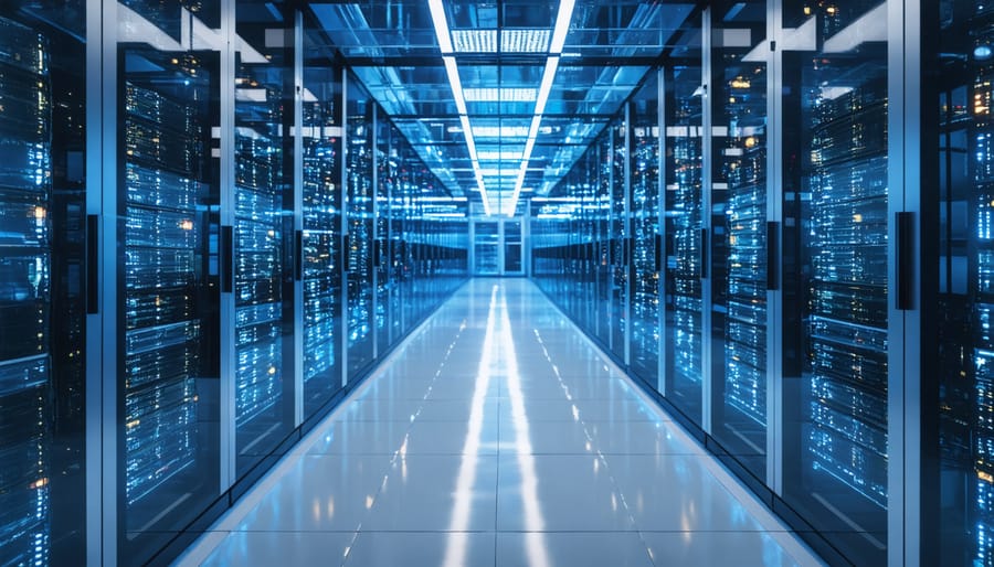 Modern data center with rows of servers stretching into distance