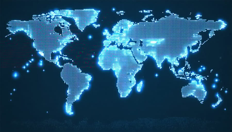 A digital map of the world showing national borders with glowing data streams flowing between countries, symbolizing international data transfers and the concept of data sovereignty.
