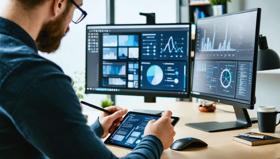 Over-the-shoulder view of a UX design ethicist at a modern desk analyzing abstract website flows on dual monitors while writing on a tablet with a stylus, soft daylight, blurred office shelves, plant, and a brass balance scale; no visible text.