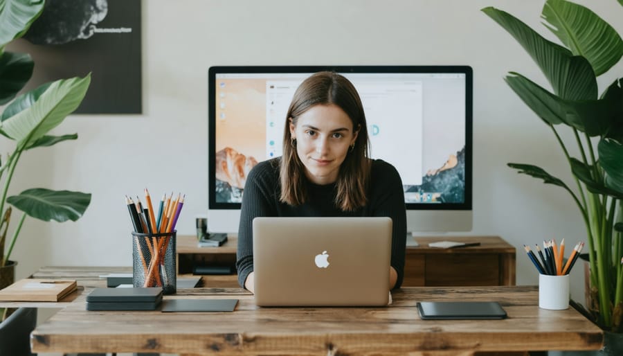 Business team collaborating around laptop in modern office setting discussing design decisions