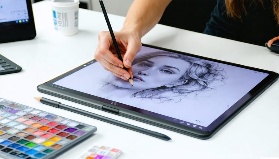 Graphic designer working with a Wacom drawing tablet and customized keyboard shortcuts