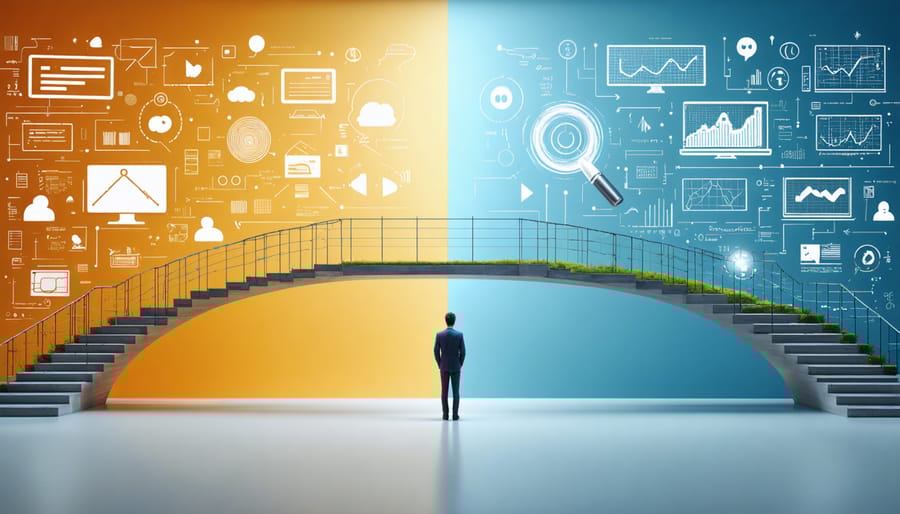 Illustration showing the integration of qualitative and quantitative research methods in digital ethnography, with qualitative iconography on one side and quantitative graphs and charts on the other.