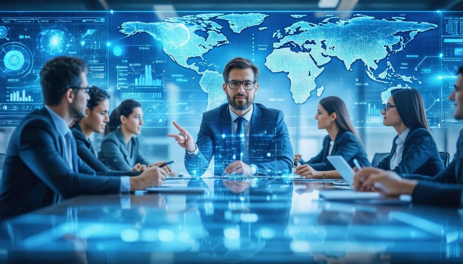 Digital transformation leader presenting strategy on large interactive screens to engaged team members