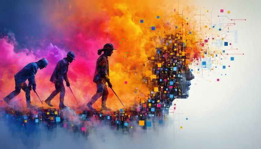 Artistic visualization of workforce digital transformation with human silhouettes merging with digital elements