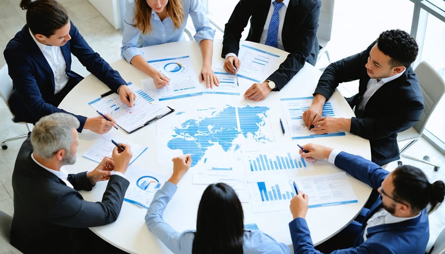 Multi-ethnic group of business professionals reviewing supplier documentation together