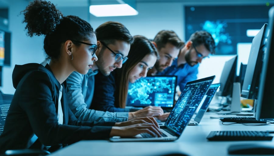 "Cyber security team analyzing laptops with security software, in a modern office setting."