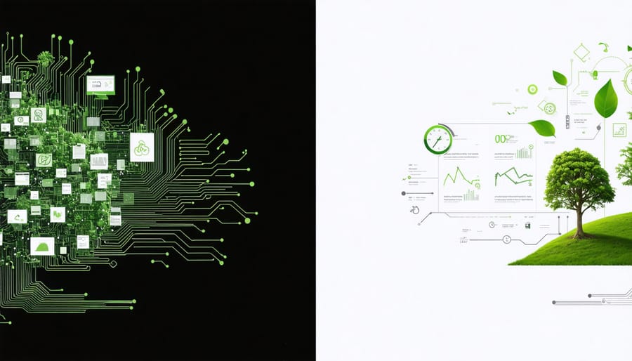 A side-by-side comparison highlighting the differences between traditional, resource-heavy web design and minimalist, eco-friendly design, emphasizing reduced carbon footprint and improved performance.