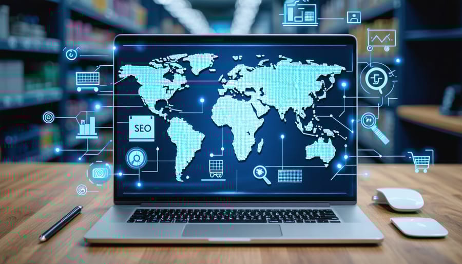 A laptop displaying an e-commerce website surrounded by digital symbols like gears, a magnifying glass, and a graph, representing SEO strategies for e-commerce sales growth.